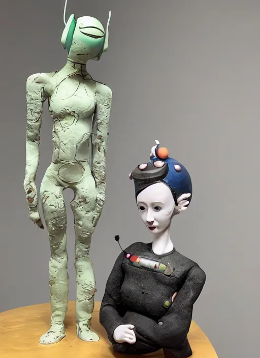 Image similar to studio photograph of a contemporary ceramic sculpture of a quirky female android by hikari shimoda and jack gaughan