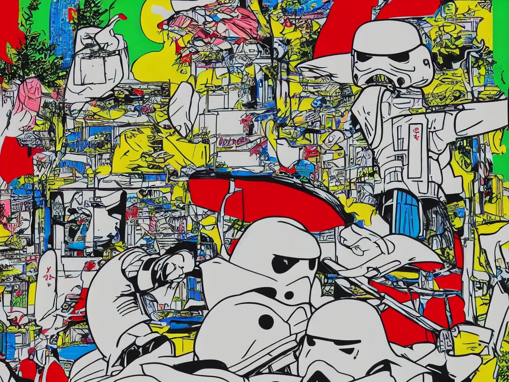 Prompt: detailed close - up image of the japanese home with a garden, stormtrooper in hot springs, pop - art style, jacky tsai style, andy warhol style, roy lichtenstein style, rich palette, acrylic on canvas