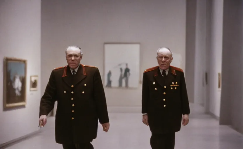 Image similar to 50s movie still close-up portrait of an elder soviet general walking in an empty museum, by David Bailey, Cinestill 800t 50mm eastmancolor, heavy grainy picture, very detailed, high quality, 4k, HD criterion, low quality, precise texture and facial expression