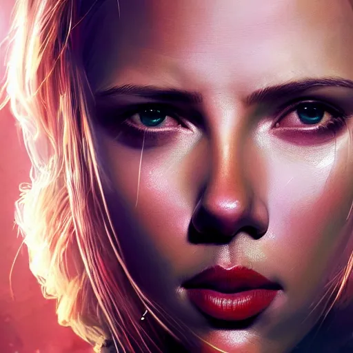 Image similar to scarlett johansson portrait, dystopia core, apocalyptic, armor, warrior, dramatic, sharp focus, fiction, neon, fantasy, hyper detailed, digital art, trending in artstation, cinematic lighting, studio quality, smooth render, unreal engine 5 rendered, octane rendered, art style and nixeu and wlop and krenz cushart