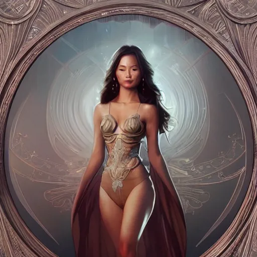 Prompt: full figure ultra realistic illustration, jamie chung as amora, intricate, elegant, highly detailed, digital painting, artstation, concept art, smooth, sharp focus, illustration, art by artgerm and greg rutkowski and alphonse mucha