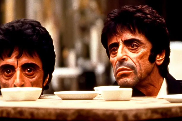 Prompt: face portrait of tony montana from movie scarface 1 9 8 3 sitting behind a big black oak table with big large packages of flour. al pacino. perfect symmetric face, coherent eyes, ron cobb, fine details, cinestill, 4 k. last scene from scarface movie, bokeh