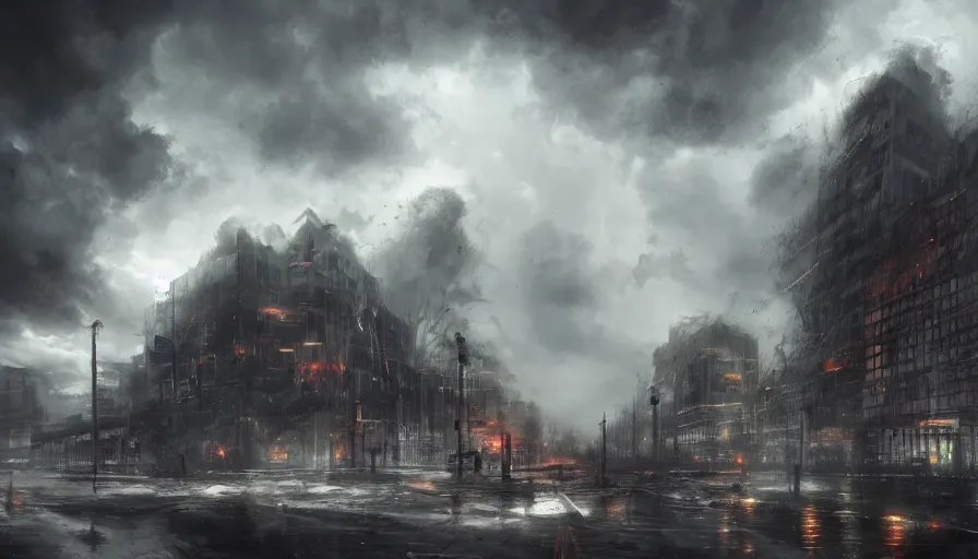 Image similar to storm destroying berlin, damaged buildings, dark cloudy sky, hyperdetailed, artstation, cgsociety, 8 k