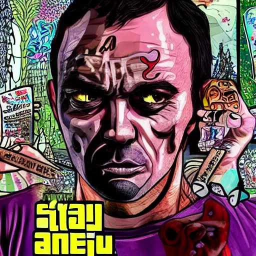 Image similar to upset delusional trippy person illustrated in the style of a GTA V poster, detailed, closeup