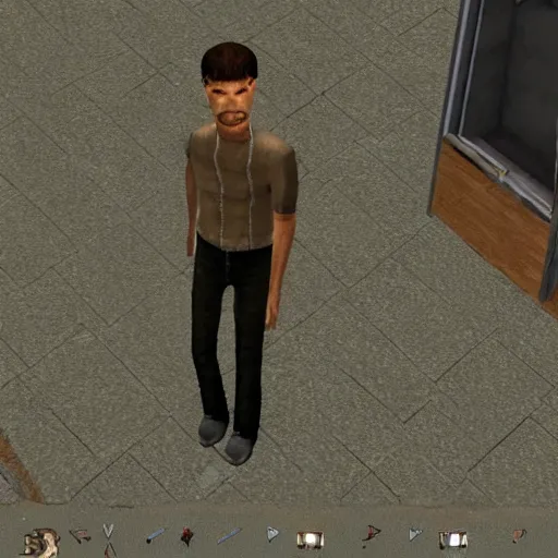 Image similar to game screenshot of Ted Kaczynski inside Ico, ps2 graphics