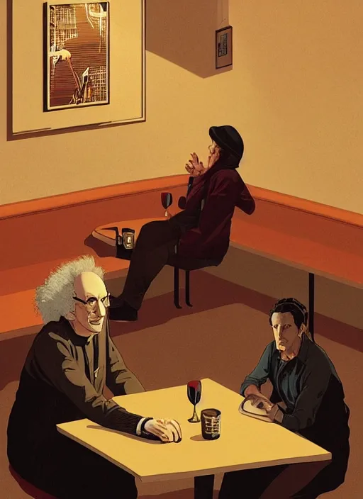 Prompt: poster artwork by Michael Whelan and Tomer Hanuka, Karol Bak of Larry David!!!!!! sitting alone in an empty diner at night, no one around, deserted, from scene from Twin Peaks, clean, simple illustration, nostalgic, domestic, full of details