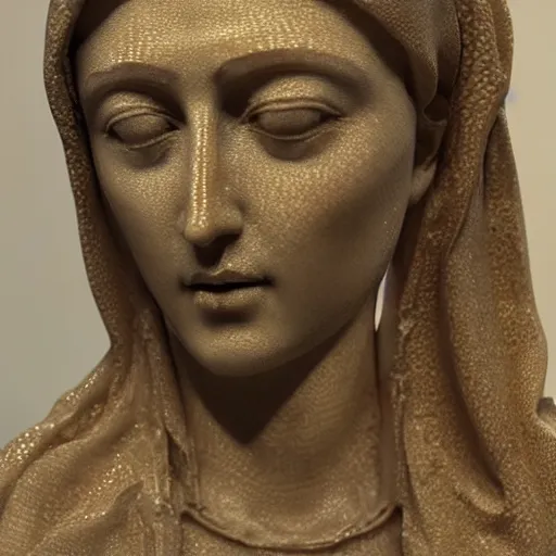 Prompt: a masterpiece marble sculpture of the veiled virgin, subsurface cracks, !face, !female, covered in intricate !detailed golden streaked !!sheer veil , physically based rendering, photo realistic, top light , dark background