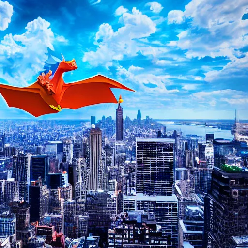 Image similar to charizard flying above new york, realistic extremely detailed photo style painting, granular detail, holographic krypton ion, octane render, 4 k, f 3 2, 5 5 mm photography, wide angle