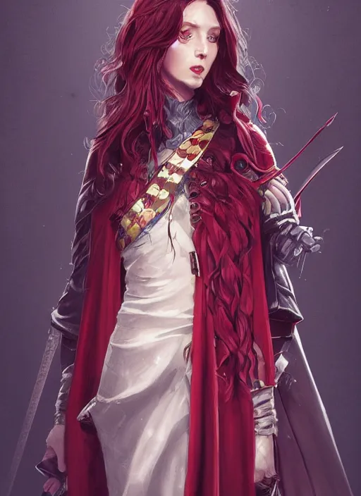 Image similar to a highly detailed illustration of beautiful long dark red haired woman wearing wine red epaulette uniform and coat cape, dramatic wielding strings pose, intricate, elegant, highly detailed, centered, digital painting, artstation, concept art, smooth, sharp focus, league of legends concept art, wlop