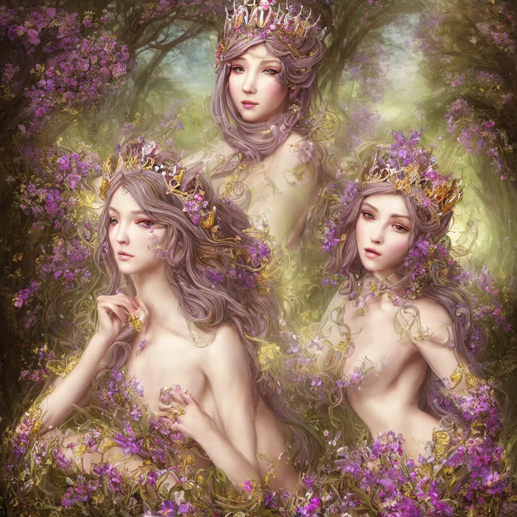 Image similar to A beautiful fantasy empress, highly detailed full body, just one person, breathtaking flower tiara, long hair, gorgeous aristocrat robe, beautiful figure, field of fantasy flowers and leaves, foxes and deer, epic composition, ultra wide-shot, dynamic pose, concept art, beautifully lit from left side, digital painting, smooth, character design, ((sharp focus)), elegant, intricate, artstation, by WLOP and James Jean and Victo Ngai