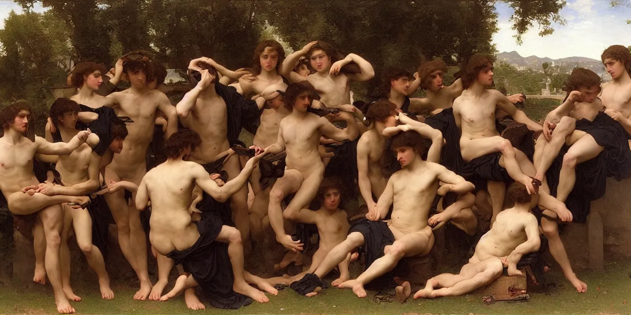 Image similar to a large group of pre - raphaelite athletic males wearing headset holding macbook! by bouguereau