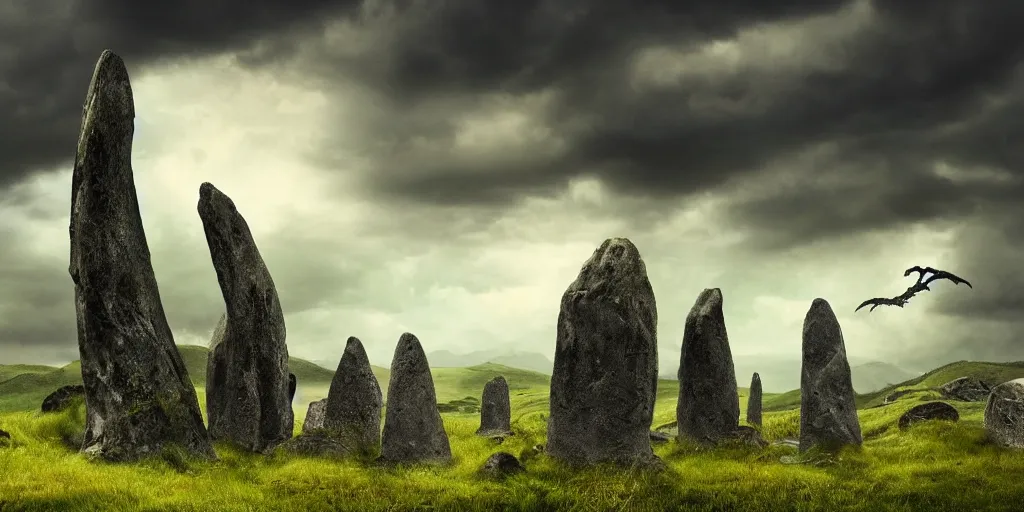 Image similar to fantasy landscape, ancient Ireland, standing stones, dramatic clouds, atmospheric, green hills, dinosaurs, ancient Irish hunters riding dinosaurs