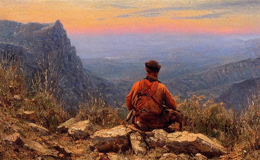 Prompt: lone soldier watching the sunset over cracked mountain, oil painting, detailed face, intricate details, by vasnetsov