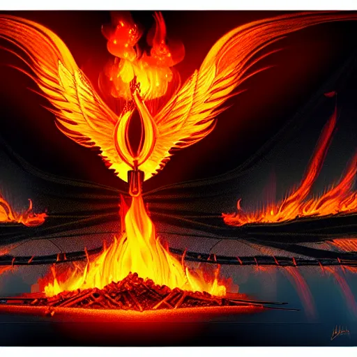 Image similar to in the lower part of the picture is the harp burning in the fire, above are cranes flying in flames, digital painting, concept art