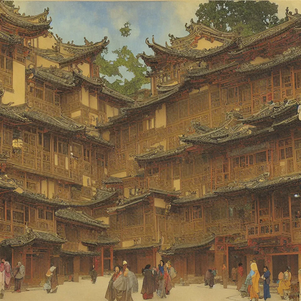 Prompt: a painting of hongcun ancient village houses by alphonse mucha and caravaggio and aaron horkey, dramatic lighting, analogous complementary colour scheme