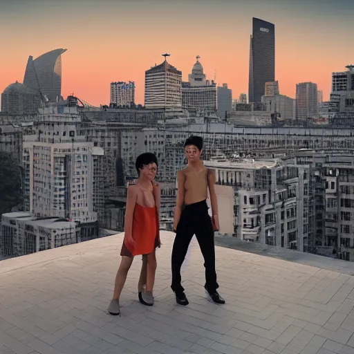 Image similar to a small rooftop with a couple of modern teenagers, standing and talking to each other, wearing black modern clothes, modern shanghai bund is on the background, sunset, by gregory crewdson, by hajime sorayama