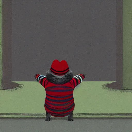 Prompt: a sloth dressed in a red and green striped jumper and fedora lurking in the shadows behind a scared teenager