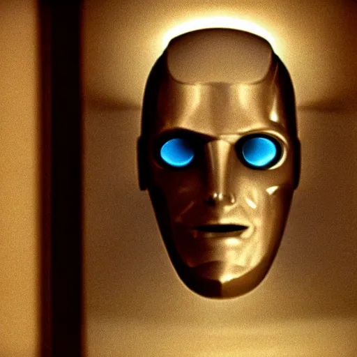 Image similar to movie scene of a man with a robot head screaming, movie still, cinematic composition, cinematic light, criterion collection, reimagined by industrial light and magic, Movie by David Lynch and Ridley Scott