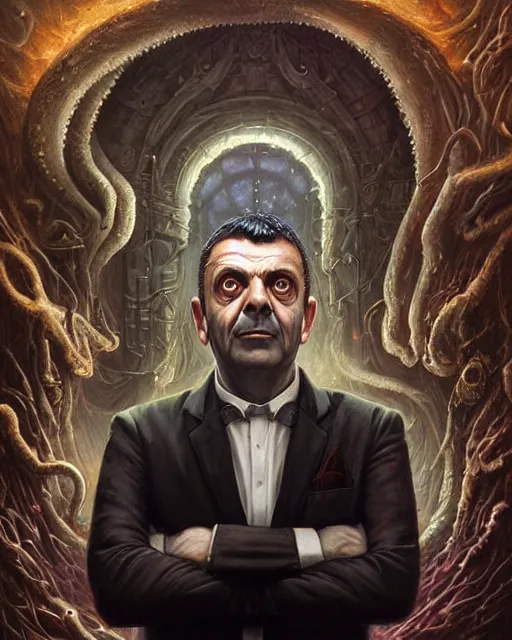 Image similar to lovecraft biopunk portrait of rowan sebastian atkinson by tomasz alen kopera and peter mohrbacher