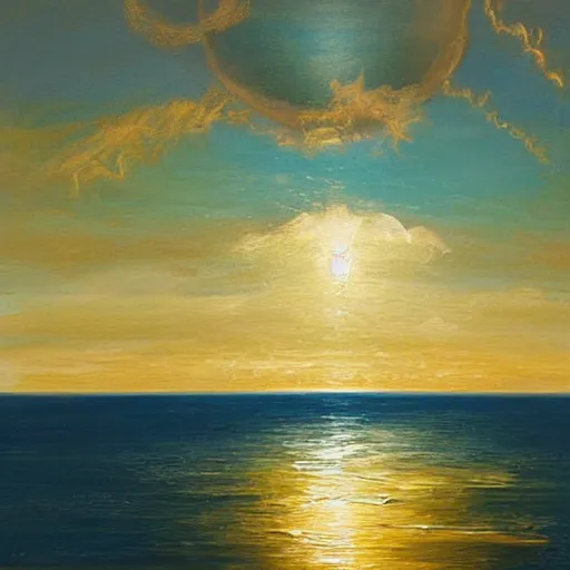 Prompt: spheres and ellipsoids floating over and reflected in the ocean's surface, with majestic thunderheads in the background, pastoral lighting, golden hour, abstract oil painting style, frameless