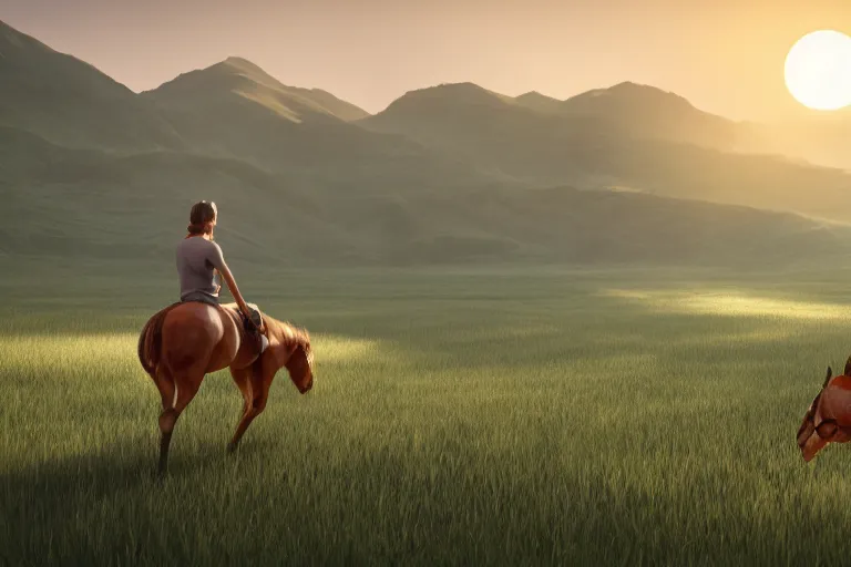 Prompt: a cinematic photograph of a chicken riding a horse through a vast serene landscape, rivers and fields run through the landscape and the sun rises over the hilltops, hyper realistic, unreal engine 5, by beeple