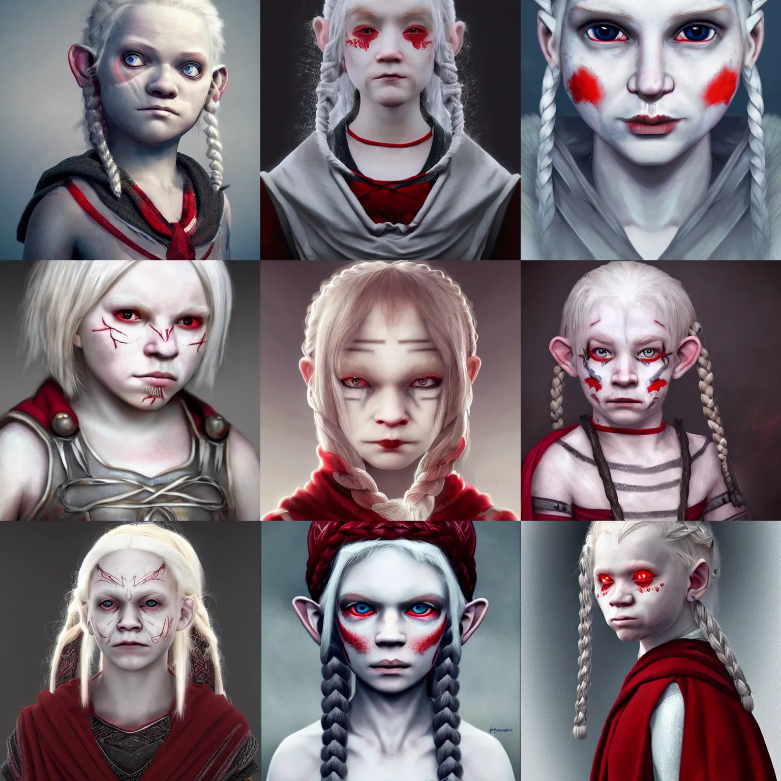 Prompt: realistic portrait of a young albino female halfling with red! eyes and white!!! braided hair and a grey! cloak and geometric facial tattoos!!!!!!, black ribbons in hairhaunted and sad expression, artstation, cinematic lighting, 8 k, digital art