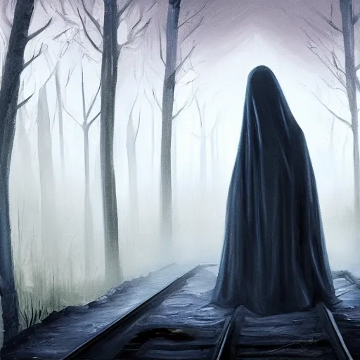 Image similar to ominous bedsheet ghost standing near train tracks in the forest, oil painting, brush strokes, gloomy foggy atmosphere, symmetrical, full body image, highly ornate intricate details,