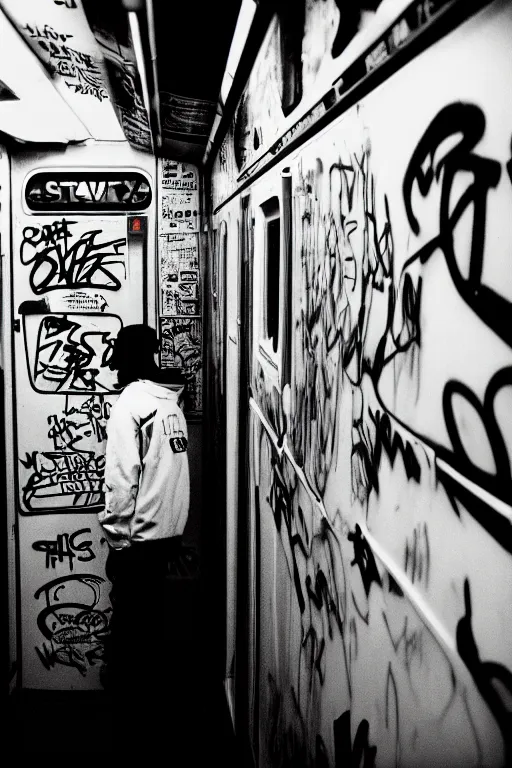 Image similar to subway cabin inside all in graffiti, man in stussy jacket closeup writing graffiti, night, film photography, exposed b & w photography, christopher morris photography