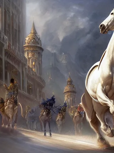 Image similar to a olimpic hero from ancient times, entering triunphantly a city mounted in a white horse. full of pride. victorirous. prideful.. intricate, elegant, highly detailed, digital painting, artstation, concept art, sharp focus, illustration, by justin gerard and artgerm, 8 k