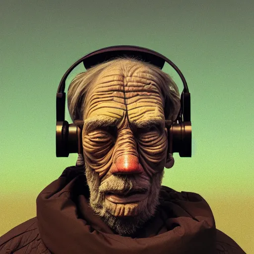 Image similar to Colour Photography of 1000 years old man with highly detailed 1000 years old face wearing higly detailed cyberpunk VR Headset designed by Josan Gonzalez . in style of Josan Gonzalez and Johannes Vermeer and Mike Winkelmann and Caspar David Friedrich. Rendered in Blender