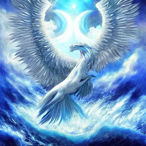 Prompt: a beautiful, celestial, oceanic drakopegasus rising from the sea, fantasy art,