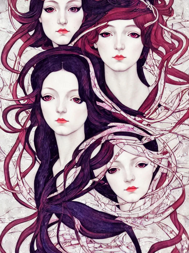 Image similar to 3!!!!!! winter muses, style mix of æon flux, shepard fairey, botticelli, ivan bilibin, john singer sargent, pre - raphaelite, shoujo manga, harajuku fashion, dormant nature, snow, ice, dark muted triad colors, superfine inking, ethereal, 4 k photorealistic, arnold render