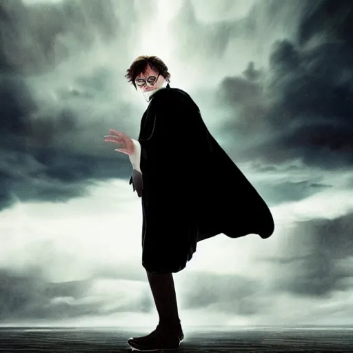 Image similar to Harry potter upright and levitating, back view, thunderclouds, cinematic shot, epic scale, waving robe photorealistic detail and quality, movie still, nighttime, crescent moon, sharp and clear, action shot, intense scene, visually coherent, symmetry, rule of thirds, movement, vivid colors, award winning, directed by Steven Spielberg, Christopher Nolan, Tooth Wu, Asher Duran, Greg Rutkowski