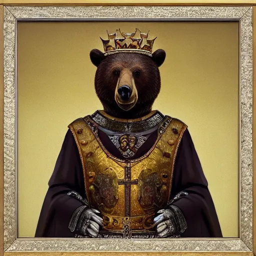 Prompt: “ an oil painting portrait of a bear wearing medieval royal robe and an ornate crown on a dark background ” digital art, concept art, highly detailed, 3 - d 4 k, trending on art station, award winning, mark brooks,