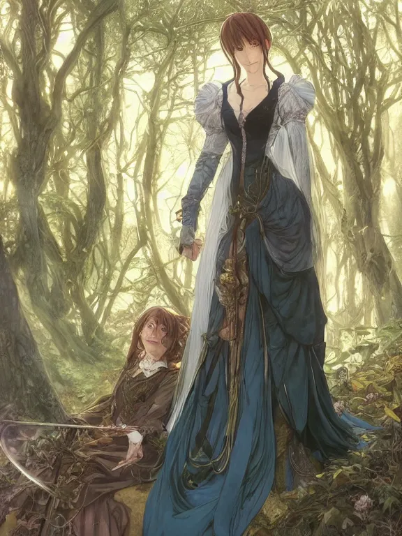Image similar to anime key visual of jk rowling the enchantress with her back to the camera wearing a medieval gown!! intricate, magical forest, stunning, highly detailed, digital painting, artstation, smooth, hard focus, illustration, art by artgerm and greg rutkowski and alphonse mucha