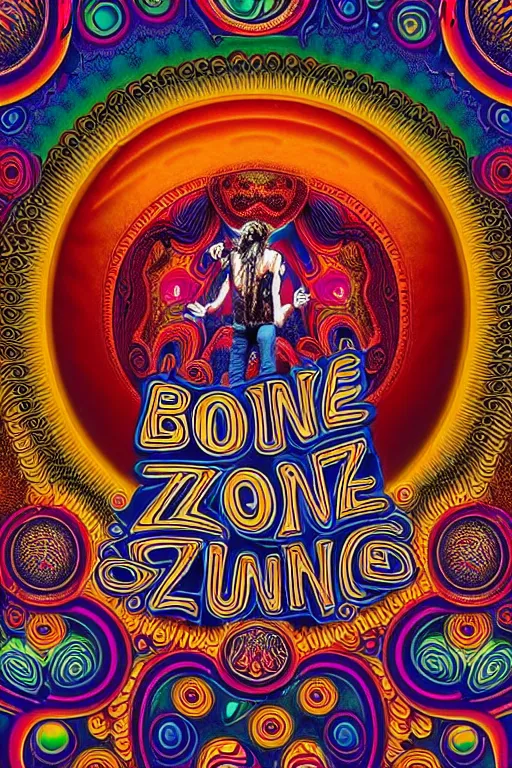 Image similar to Flowing lettering that says The Bozone, Fillmore concert poster for The Bozone by Robert Crumb, by Victor Moscoso, by Laurie Lipton, black light velvet poster, intricate paisley filigree, Bozo the clown. Clown motif, Shiny bulbous red clown nose at the center of an infinite fractal mandala tunnel of clowns, Unreal Engine, Cryengine, Artstation