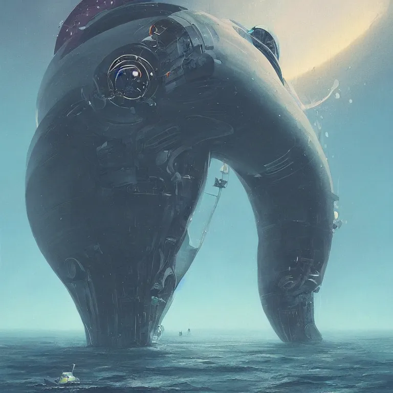 Image similar to mechanical spaceship called the nautilus dripping wet emerging from a the ocean, launching to space, sci - fi concept art, by john harris, by simon stalenhag, stunning, award winning