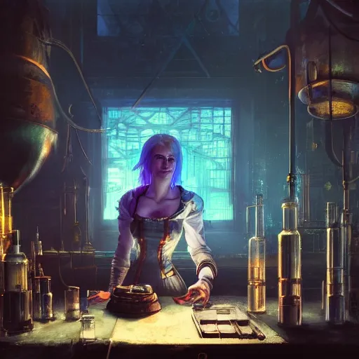 Image similar to cyberpunk alchemy laboratory full of potions, ciri from the witcher it's in the lab. by jeremy mann and alphonse mucha, photo realistic, dynamic lighting, windy, artstation, poster, dreamy, volumetric lighting, ethereal, 4 k, high detail