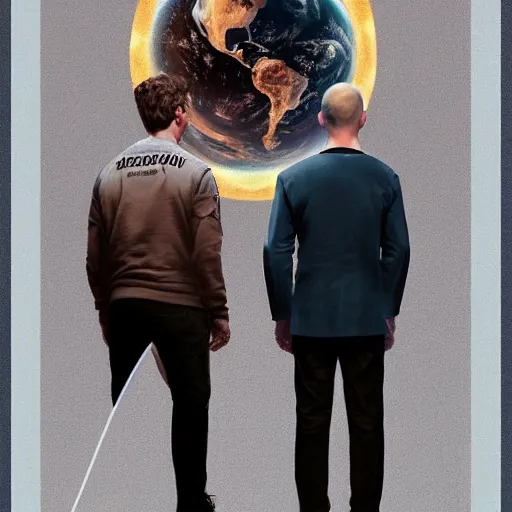 Image similar to portrait of elon musk, mark zuckerberg and jeff bezos together looking at earth, very detailled, art contest winner on behance, trendy on deviant art, by by artgem, greg rutkowski