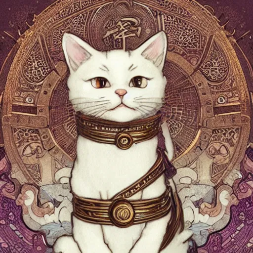 Image similar to A cute white kitty cat posing like a maneki neko cat, D&D, fantasy, intricate, cinematic lighting, highly detailed, digital painting, artstation, concept art, smooth, sharp focus, illustration, art by Akihiko Yoshida, Greg Rutkowski and Alphonse Mucha