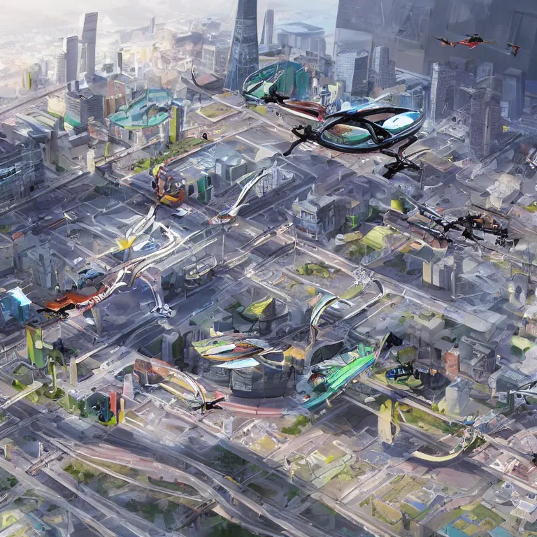 Prompt: flying cars in the city some stop at stations, concept art