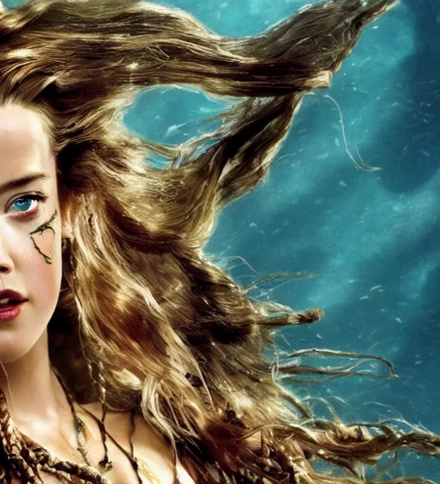 Prompt: amber heard as mermaid in pirates of the caribbean, movie still frame, hd, cinematic lighting