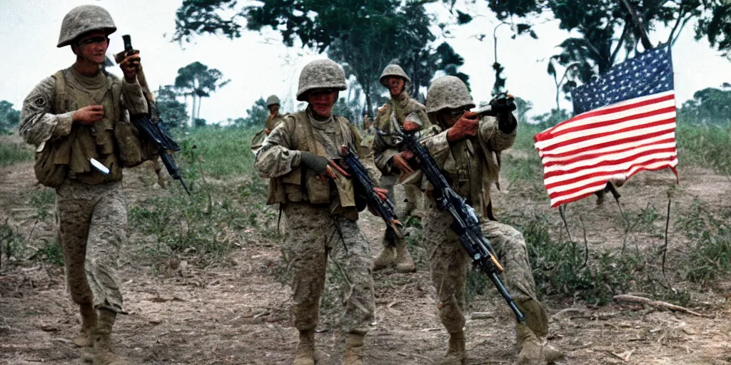 Image similar to u. s. marines move through a landing zone 1 9 6 9, vietnam war, soldiers closeup, face closeup, us flag, jungles in the background, coloured film photography, exposed colour film, ken burns photography lynn novick photography