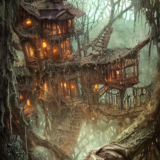 Image similar to dilapidated broken baba yagas steampunk treehouse, tucked within the witchwood forest, evil fairies, overgrown, detailed intricate ink illustration, dark atmosphere, detailed illustration, hd, 4k, digital art, overdetailed art, concept art, by greg rutkowski, by loish, complementing colors, Trending on artstation, deviantart