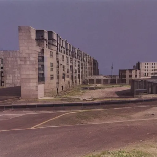 Image similar to brutalist city, prison city, totalitarian prison island, spotlights, military buildings, prison complex, colorized 1 6 mm photo