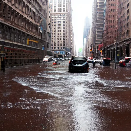 Prompt: new york city abandoned, rain with chocolate liquid, flooding with chocolate melting liquid