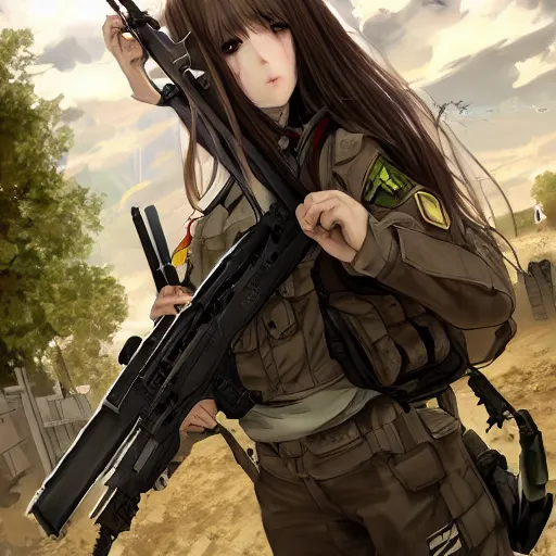 Prompt: soldier girl, mission extraction point, anime style, long hair, hair down, symmetrical facial features, girls frontline cg, hyper realistic, pale skin, 4 k, rule of thirds, extreme detail, detailed drawing, trending artstation, hd, backpack, d & d, by alphonse mucha, greg rutkowski, sharp focus, backlit