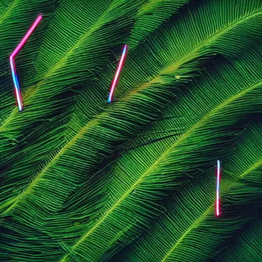 Image similar to palm leaves on the beach, fog, pink-blue-green neon light