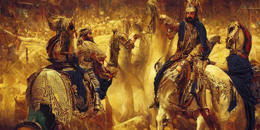 Prompt: Highly detailed and cinematic romantic period oil painting of the Persian king Cyrus the great, strong atmosphere, oil painting masterpiece by Josep Tapiró Baró, symmetry, fractals