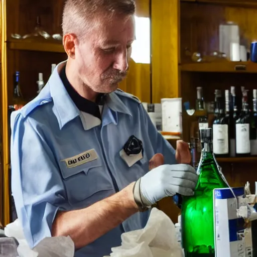 Image similar to a man in a uniform observing the sealing of a number of important looking bottles of spirits